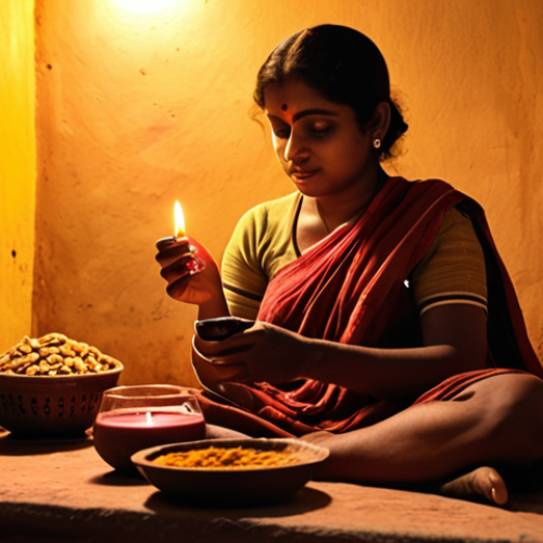 Home 4 **Image Prompt:** A warmly lit, traditionally decorated Bengali home setting at dusk. A person is seated comfortably, holding a small, earthy clay glass containing a local Bengali wine. A few local snacks like `bhaja` or `telebhaja` are arranged nearby. Soft, ambient lighting with candles create a relaxing atmosphere.