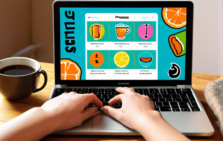 A focused and content person, possibly with a slightly feminine lean, is engrossed in designing a vibrant, personalized digital invitation for a "Honsul Party" on a laptop or tablet. The screen displays various design elements, playful fonts, and personal photos, showcasing a creative process. The setting is a cozy, well-lit room, possibly with a warm beverage or a book nearby, conveying a sense of calm satisfaction and self-expression. The overall mood is one of quiet concentration and artistic enjoyment.