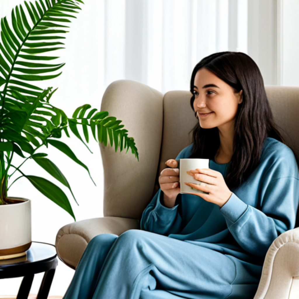 A serene individual, fully clothed in modest, comfortable loungewear, sitting gracefully on a plush armchair in a tastefully decorated living room. They are holding a warm, steaming mug, enjoying a moment of quiet reflection. A lit scented candle emits a gentle glow from a nearby coffee table, surrounded by lush, vibrant indoor plants like a peace lily and a tall fern. The room is bathed in soft, natural light, creating a peaceful and inviting atmosphere. safe for work, appropriate content, fully clothed, professional dress, perfect anatomy, correct proportions, natural pose, well-formed hands, proper finger count, natural body proportions, family-friendly, high-quality, ultra-detailed.