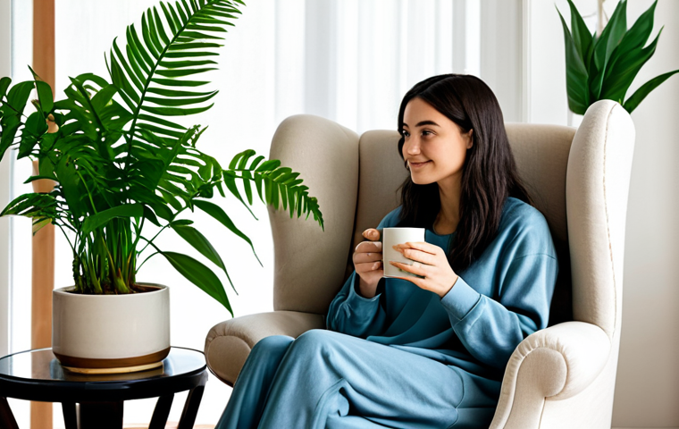 A serene individual, fully clothed in modest, comfortable loungewear, sitting gracefully on a plush armchair in a tastefully decorated living room. They are holding a warm, steaming mug, enjoying a moment of quiet reflection. A lit scented candle emits a gentle glow from a nearby coffee table, surrounded by lush, vibrant indoor plants like a peace lily and a tall fern. The room is bathed in soft, natural light, creating a peaceful and inviting atmosphere. safe for work, appropriate content, fully clothed, professional dress, perfect anatomy, correct proportions, natural pose, well-formed hands, proper finger count, natural body proportions, family-friendly, high-quality, ultra-detailed.