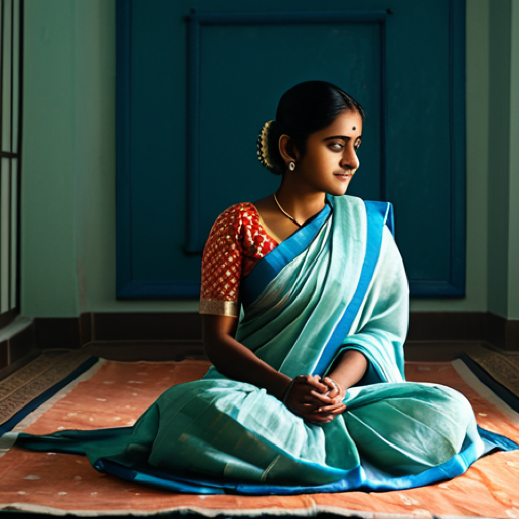 **
A woman in a modest, fully clothed traditional Bengali saree, sitting peacefully in a quiet room, listening to her favorite music. Soft lighting, perfect anatomy, correct proportions, safe for work, appropriate content, professional, family-friendly. The scene should evoke a sense of calm and introspection.
**