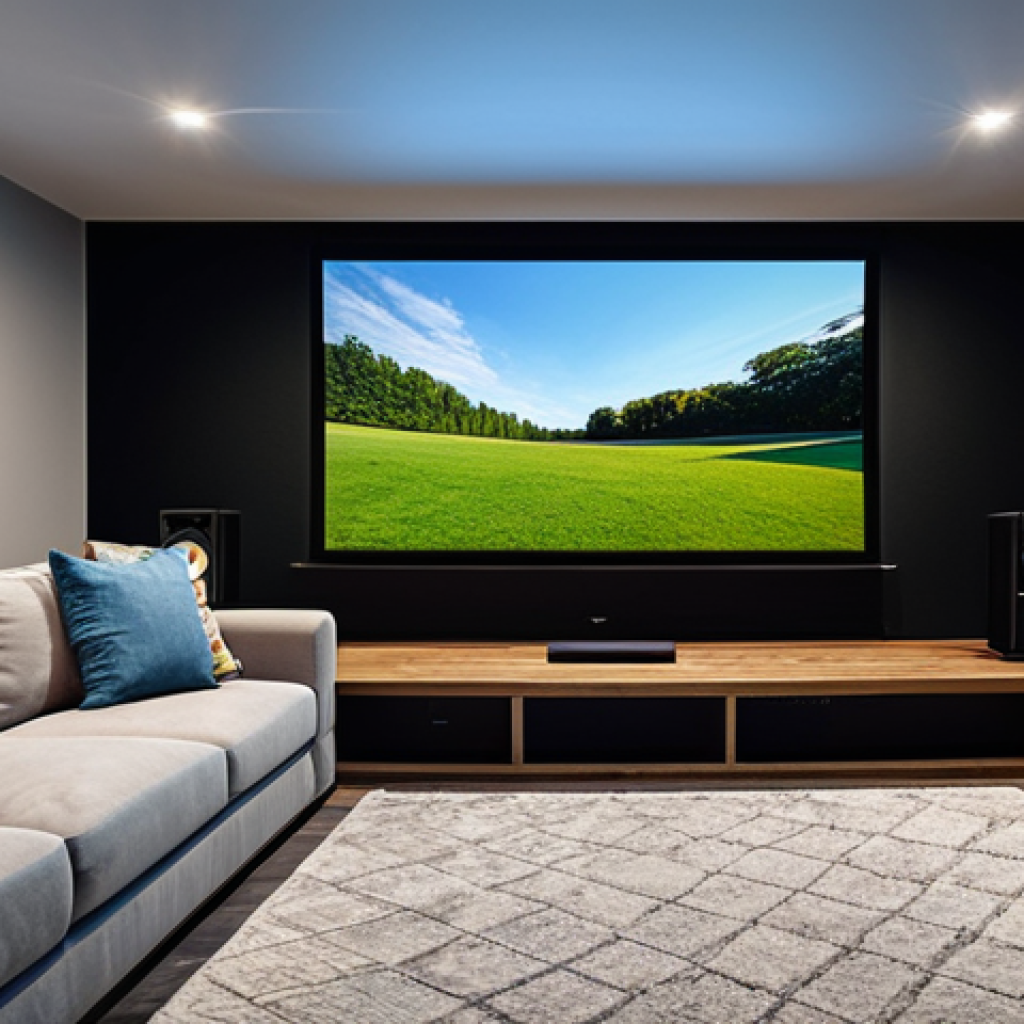 **
"A comfortable and inviting home theater setup, featuring a large 4K projector screen displaying a family-friendly movie, a plush sofa with cushions and a throw blanket, and a high-quality surround sound system. The room is dimly lit to enhance the viewing experience. Safe for work, appropriate content, fully clothed, family-friendly, professional photography, perfect anatomy, natural proportions."
**