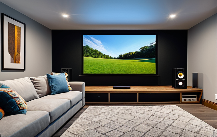 **
"A comfortable and inviting home theater setup, featuring a large 4K projector screen displaying a family-friendly movie, a plush sofa with cushions and a throw blanket, and a high-quality surround sound system. The room is dimly lit to enhance the viewing experience. Safe for work, appropriate content, fully clothed, family-friendly, professional photography, perfect anatomy, natural proportions."
**