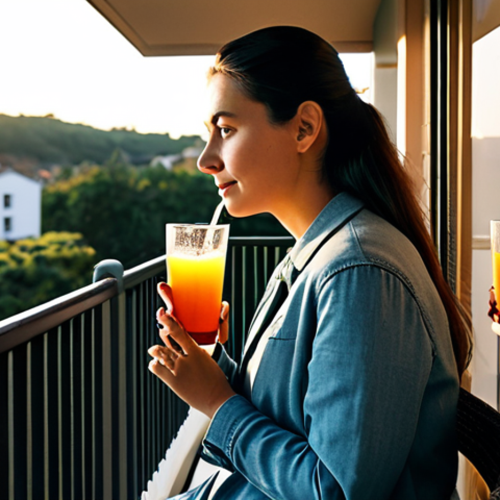 ** A woman on her balcony at the end of the day, fully clothed, enjoying a refreshing drink while listening to birds. Focus on relaxation and peaceful atmosphere. Safe for work, appropriate content, modest, family-friendly.
**