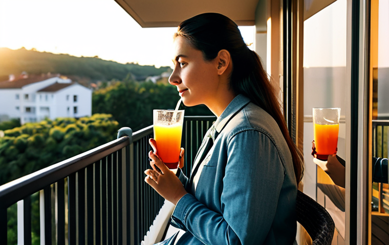 ** A woman on her balcony at the end of the day, fully clothed, enjoying a refreshing drink while listening to birds. Focus on relaxation and peaceful atmosphere. Safe for work, appropriate content, modest, family-friendly.
**