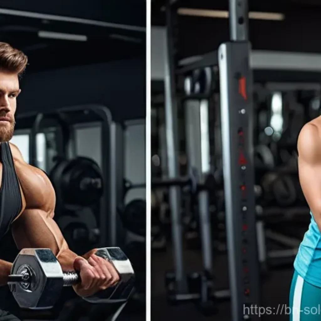 혼술과 신체 건강 술 마시면서 운동하기 - **Prompt:** A fit young adult, gender-neutral, stands in a modern, well-equipped gym. In one hand, t...