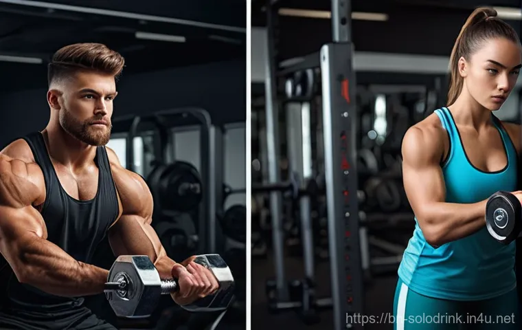 혼술과 신체 건강 술 마시면서 운동하기 - **Prompt:** A fit young adult, gender-neutral, stands in a modern, well-equipped gym. In one hand, t...