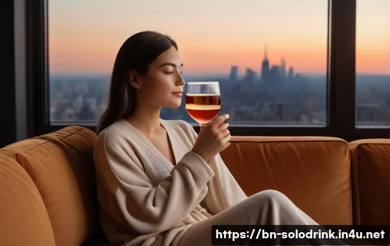 혼술을 즐기는 세대별 특징 - **Prompt 1: Serene Evening Unwind**
"A young woman in her late 20s, with long, dark hair, sits c...