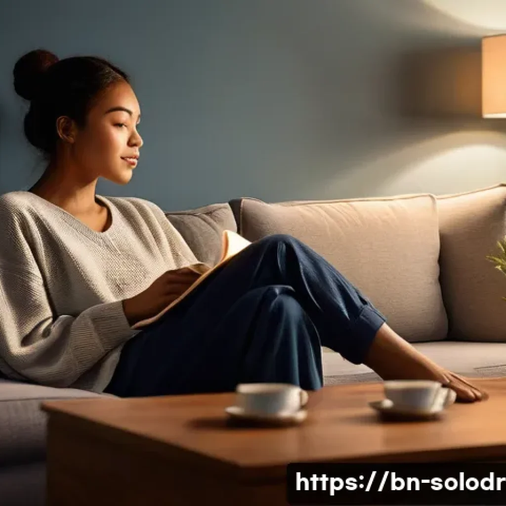 혼술과 문화 콘텐츠   혼술을 다룬 드라마 영화 - **A Serene Evening of Solitude and Comfort:** A young person in their late twenties, dressed in mode...