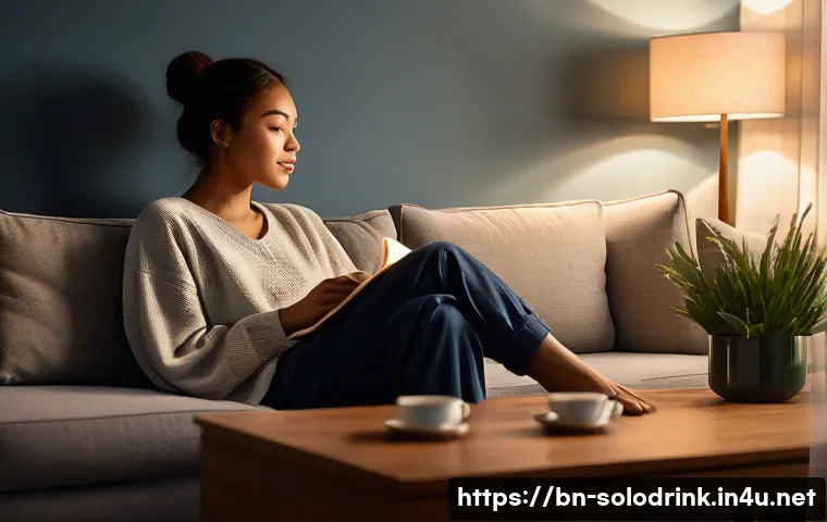 혼술과 문화 콘텐츠 혼술을 다룬 드라마 영화 - **A Serene Evening of Solitude and Comfort:** A young person in their late twenties, dressed in mode...